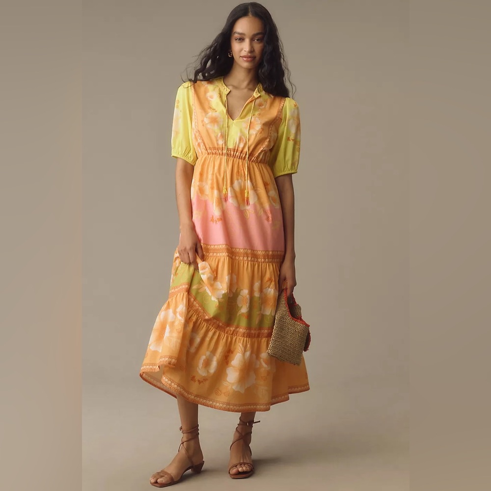 Anthropologie Yellow and Pink Midi Dress
